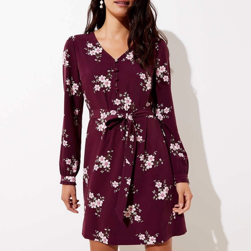 NWOT  LOFT  Burgundy Floral Long Sleeve Button Down Dress - 0